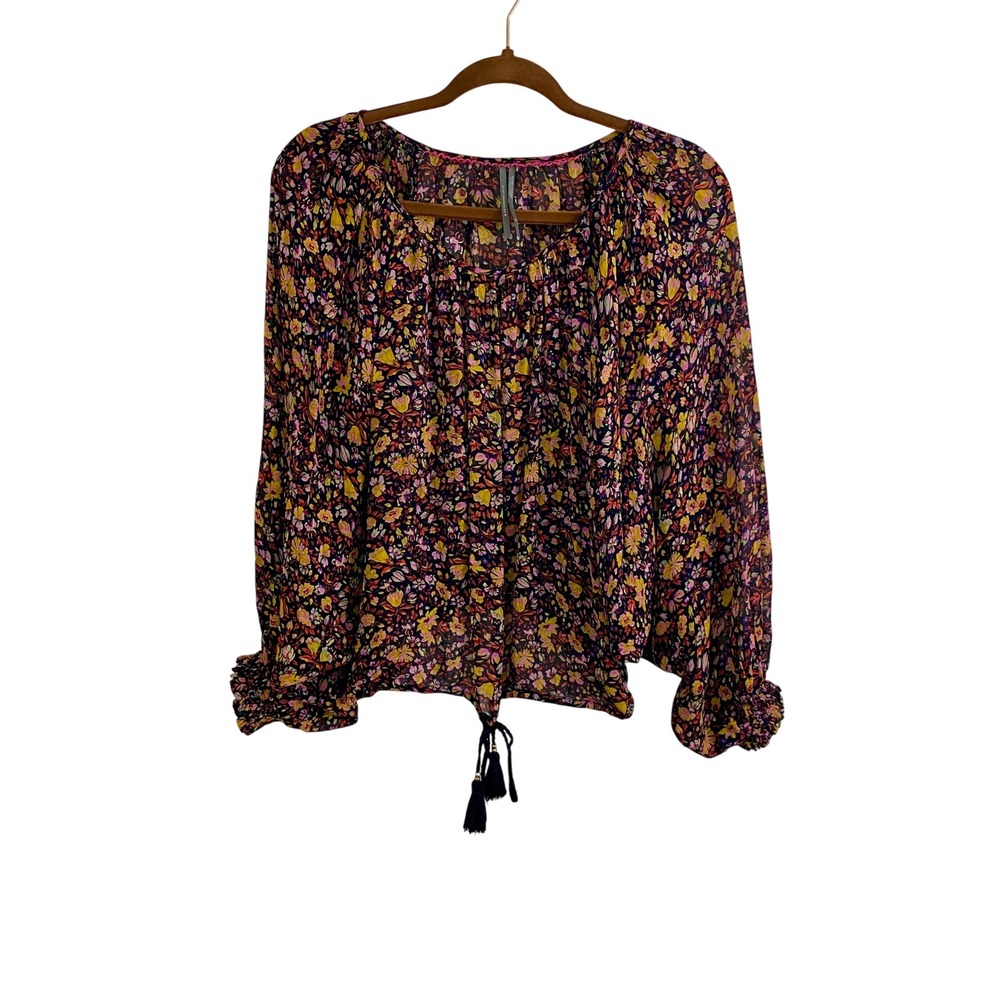 Anthropologie Floral Peasant Blouse Small Black Pink Tassel Cropped Boho Chiffon